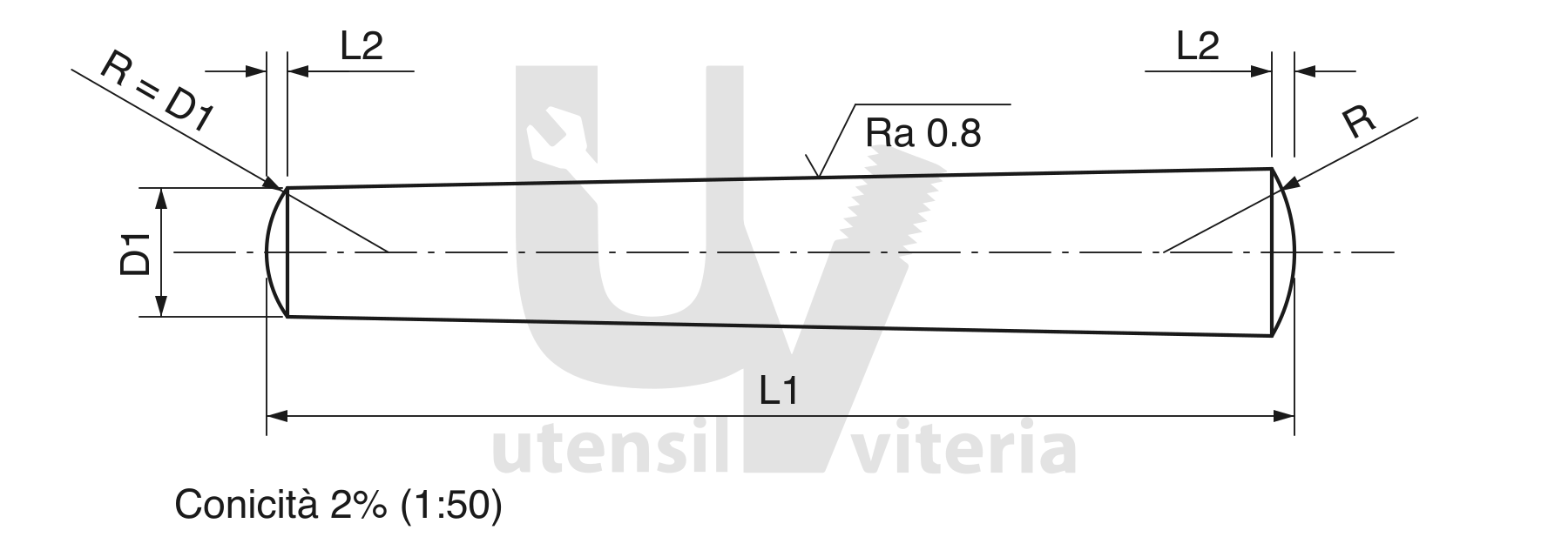 Disegno quotato di Spine coniche temprate ISO 2339 – UNI 129 – UNI 7283